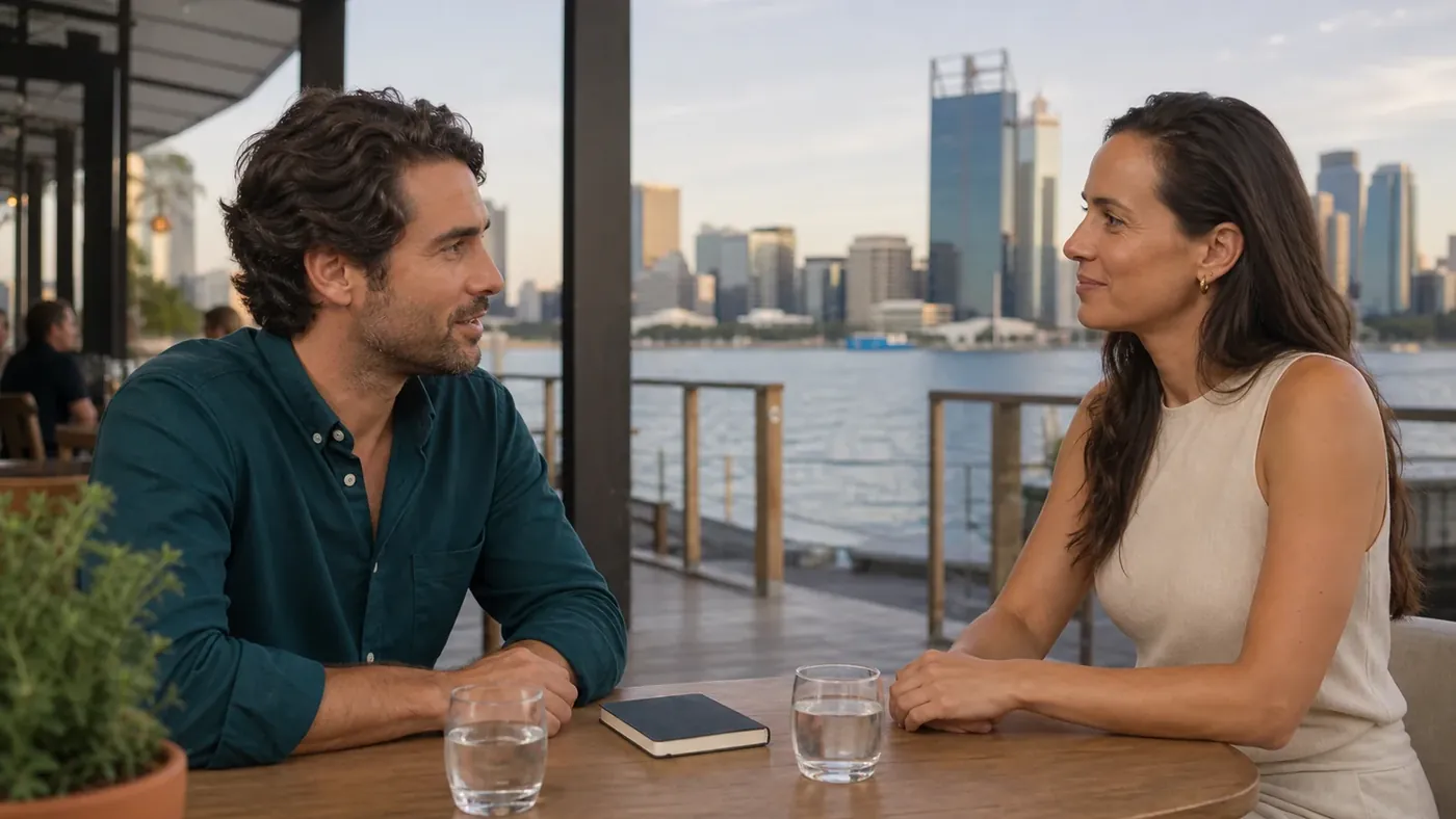 Two adults discussing dating expectations at a Perth riverside cafe