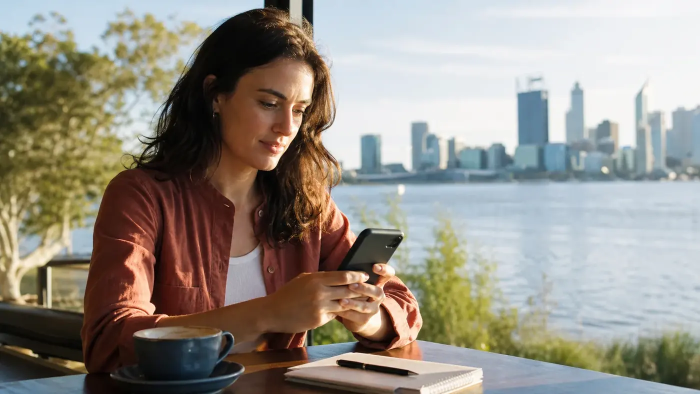 Woman reviewing an online dating profile at a riverside cafe in Perth